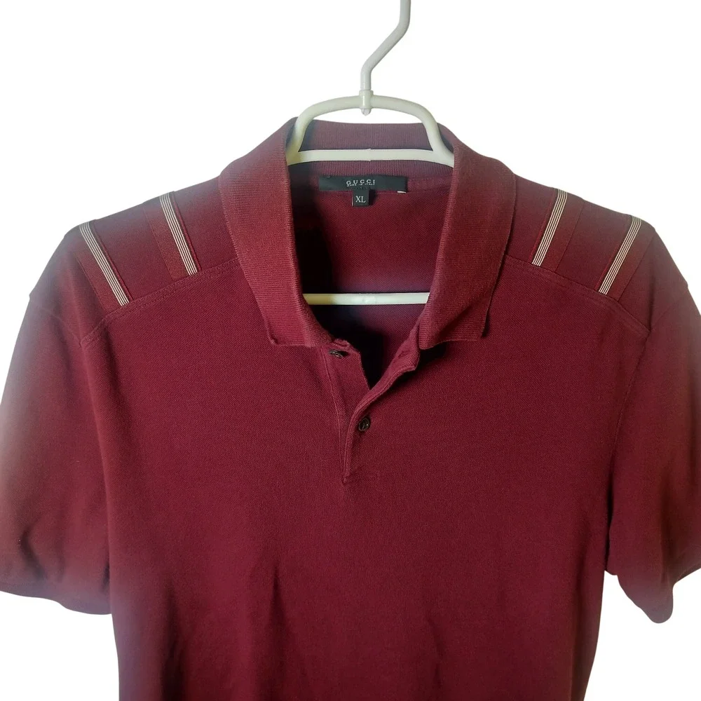 Gucci Mens Burgundy Pique Polo Shirt Shoulder Stripe Webbing Detail XL Italy